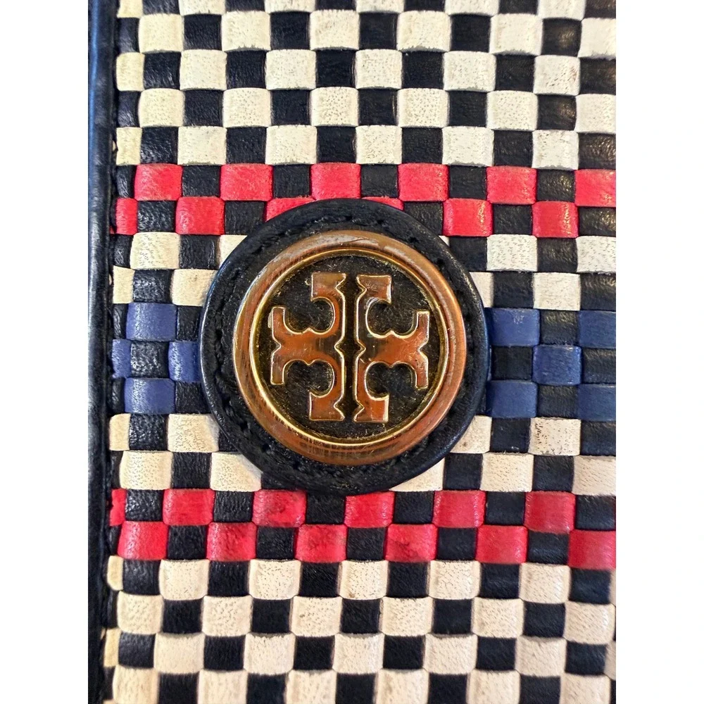 Tory Burch Woven Leather Checkerboard Zip Continental Wallet Navy White OS